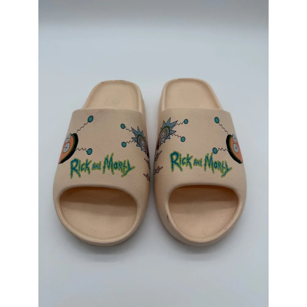 Rick and Morty Explicit Graphic Foam Slides Tan Slip On Sandals Mens Size 8-9